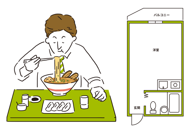 普段料理をしない人は、居室にキッチンが配置されているワンルームの間取りでも困らない|【間取り解説】ワンルームとは? メリット&デメリットと狭くても快適に過ごすワザ