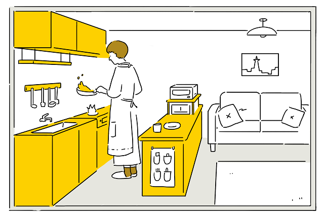 キッチンの前にローカウンターを置いた図。調理スペースとくつろぐスペースをうまく分けられている