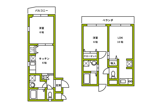 左が1DK、右が1LDKの間取り1DKと1LDKはキッチンが広いことが多く、二人暮らしが可能な物件もあるのが特徴だ