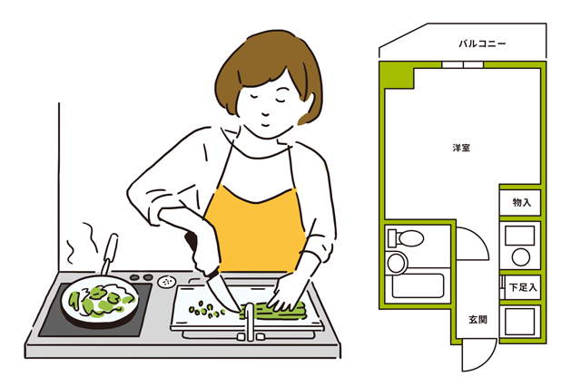 少しでも自炊する人は、キッチンが廊下に配置されているワンルームの間取りを選ぶと匂いがこもらない|【間取り解説】ワンルームとは? メリット&デメリットと狭くても快適に過ごすワザ