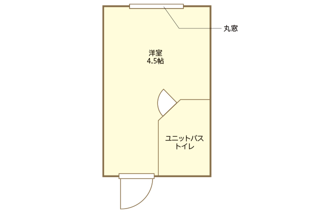 歴史的デザイナーズ物件「中銀カプセルタワービル」の間取図。洋室4.5畳、ユニットバスの1Rがテンシャンさんが住む物件の間取り