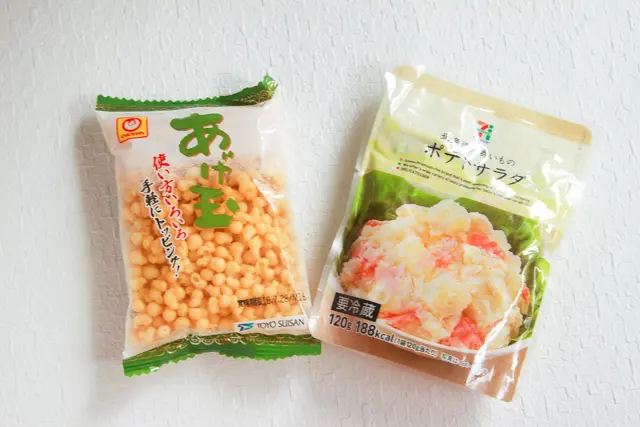 あげ玉(東洋水産)とポテトサラダ(セブンイレブン)