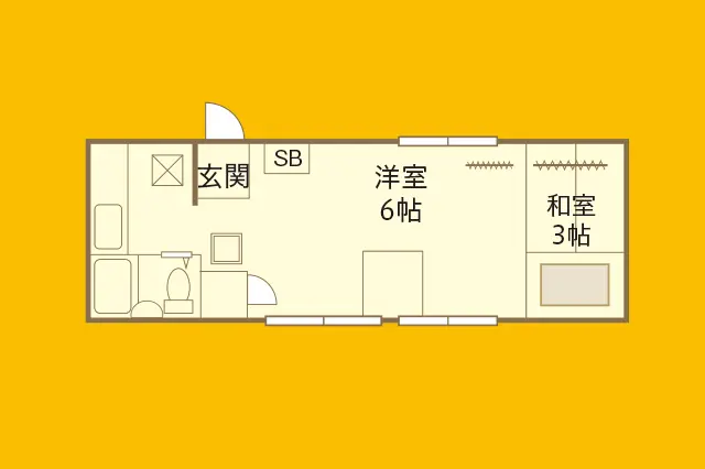 sundayzfantasyさんが住む賃貸物件の間取図。洋室6帖、和室3帖にキッチン、3点ユニットバスがある