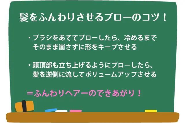 ふんわりヘアーになれるブローのコツ:①ブラシをあててブローしたら、冷めるまでそのまま崩さずに形をキープさせる②頭頂部も立ち上げるようにブローしたら、髪を逆側に流してボリュームアップさせる