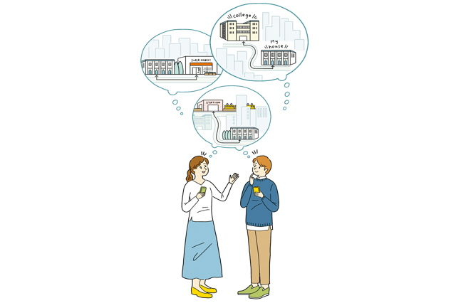 部屋の条件を考える新大学生のイラスト