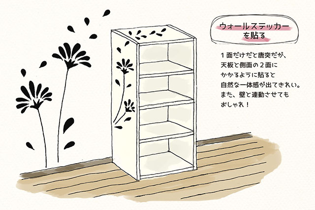 カラーボックスにウォールステッカーを貼っておしゃれに