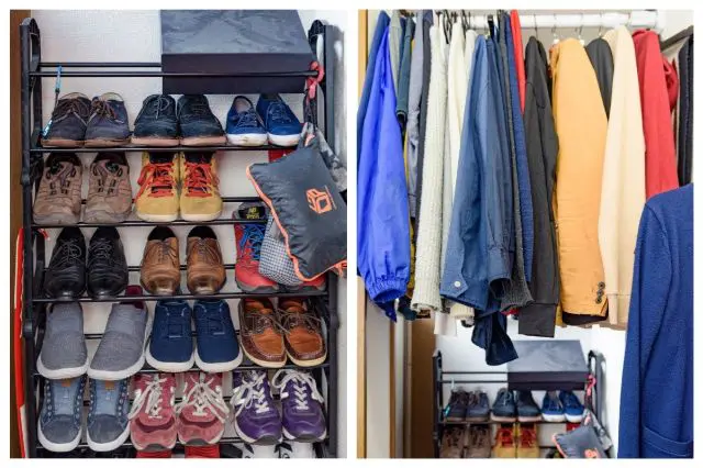 玄関の壁一面の靴箱(左)とその上の空間を使った洋服スペース(右)