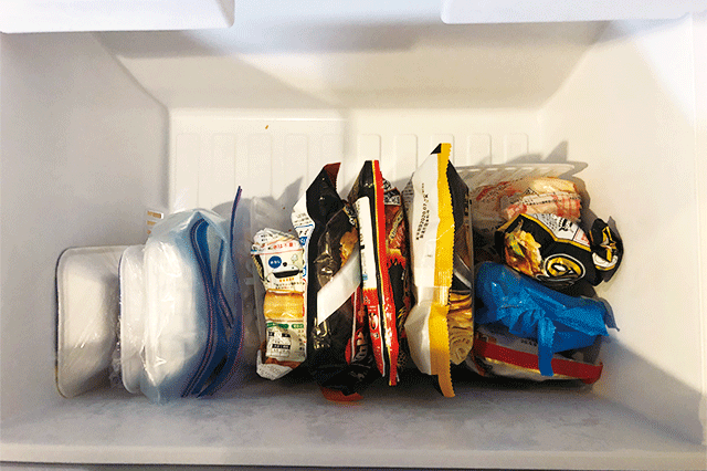左右の空いたスペースに、お肉と麺類をそれぞれ種類別に入れてみた
