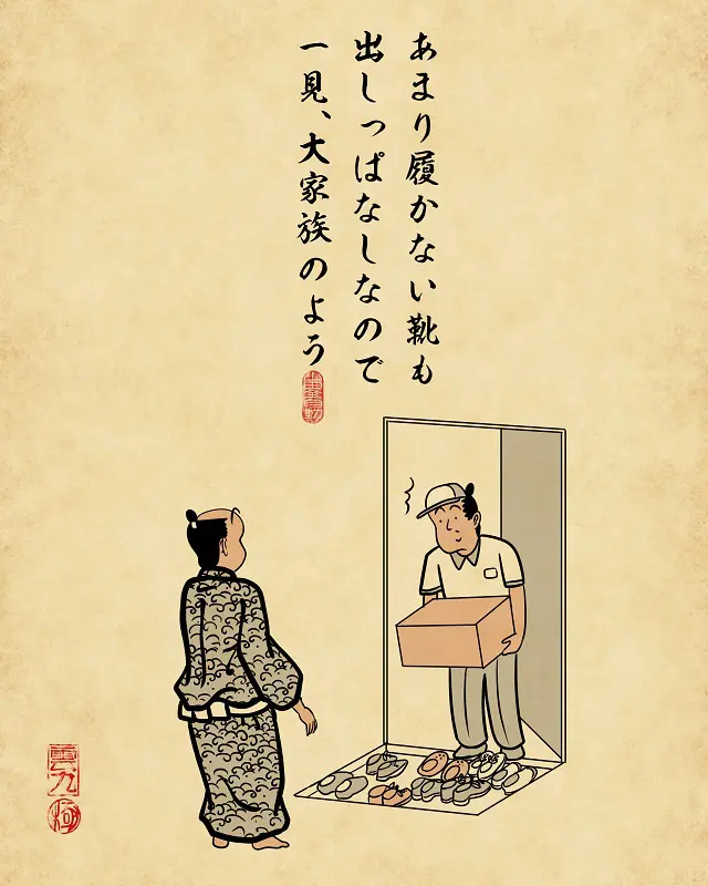 【山田全自動連載】一人暮らしあるあるでござる -玄関編-・あまり履かない靴も出しっぱなしなので一見、大家族のよう