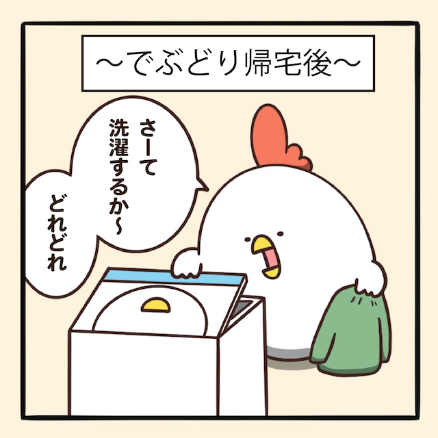 毎日でぶどり連載第2回洗濯するタイミングが掴めない_でぶどりが帰宅し洗濯しようとするところ