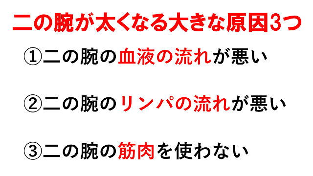 二の腕が太くなる原因①二の腕の血液の流れが悪い ②二の腕のリンパの流れが悪い ③二の腕の筋肉を使わない