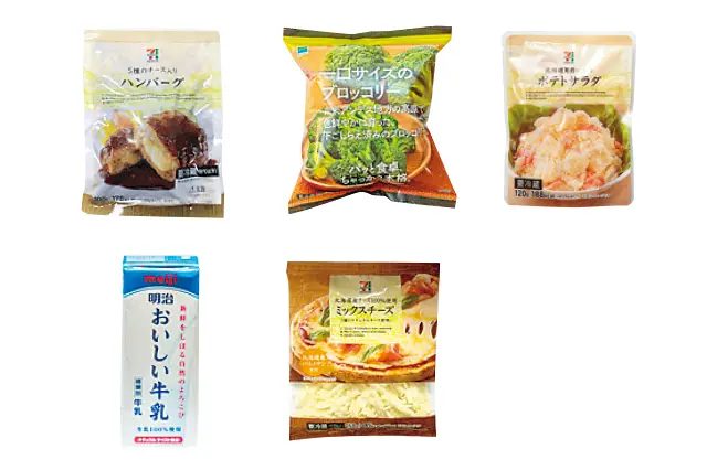 ハンバーグ、ブロッコリー、ポテトサラダ、牛乳、ミックスチーズ