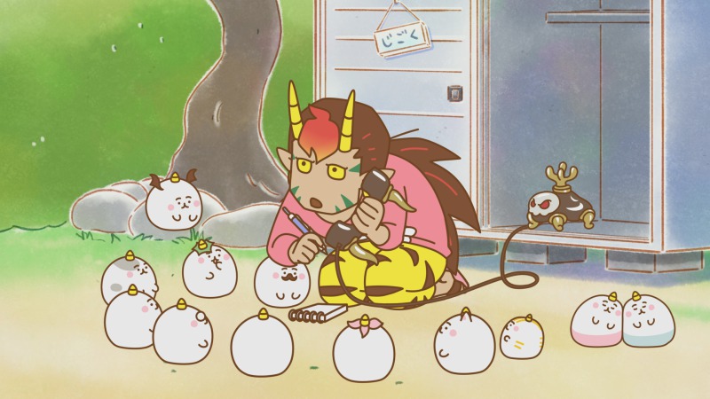 ちみも 電話をする地獄さんと見守るちみもたち