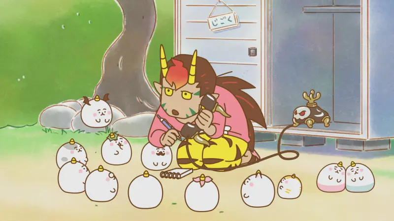 ちみも 電話をする地獄さんと見守るちみもたち