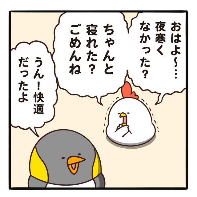 でぶどりの暮らし_友だちが家に泊まる_ピノに寒くなかったか質問するでぶどり