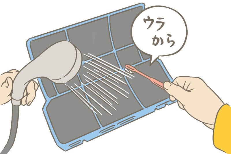 エアコン掃除 フィルターを水洗いする様子