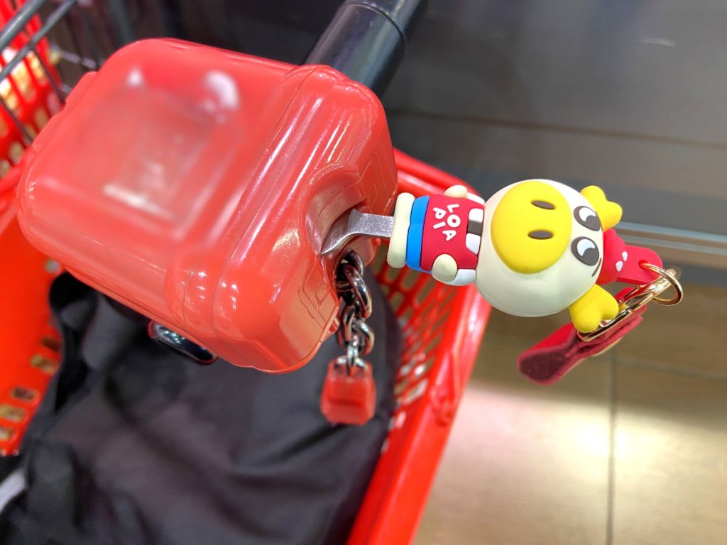 ロピア専用カートキーが刺さったカートのコイン挿入口の写真