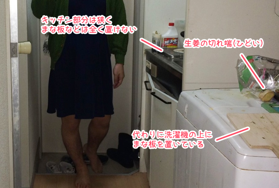 なか憲人さんが最初に一人暮らしした部屋の廊下とキッチンの様子に、赤字を入れた様子